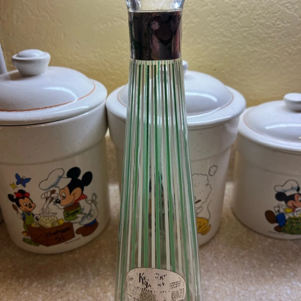 MCM Vintage Old Kentucky Whiskey Clear, Green & White Stripped Decanter Craft
